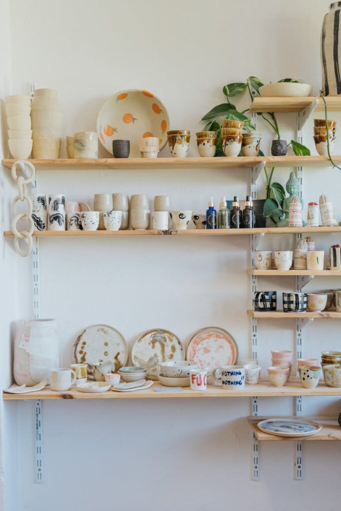 Artistic display of ceramic bowls and cups on shelves with plants.